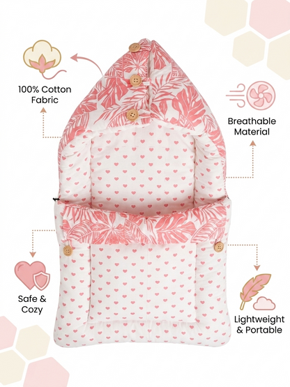 NWF 3 in 1 Baby Carry Nest & Sleeping Bag for Newborn Baby | 100% Cotton Portable Baby Bedding Set with Hood & Zip | Ultra Soft, Travel Friendly & Skin Friendly | 0-12 Months | Pink Leaf Print