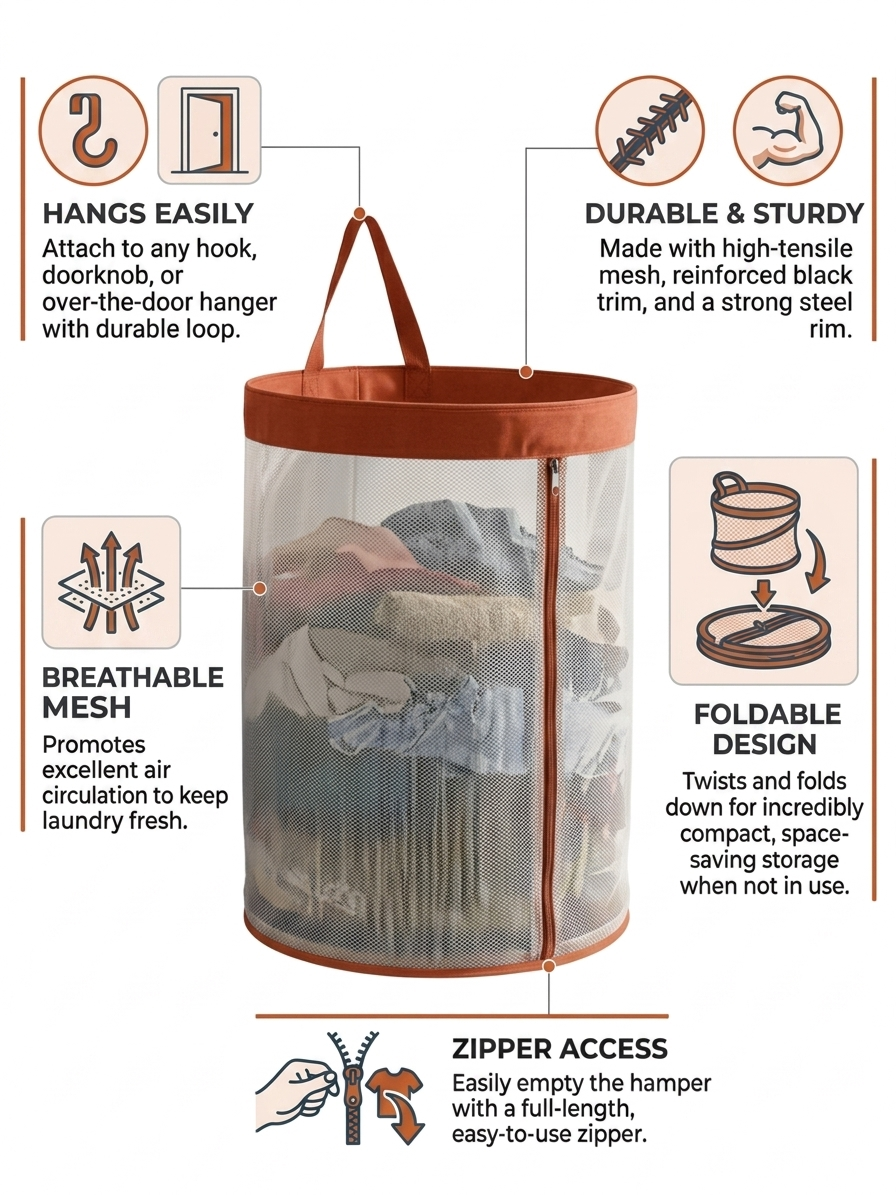 NWF Hanging Mesh Laundry Bag with Side Zipper, 100L Large Capacity Breathable Hamper, Polyester Mesh with Cotton Base & Strong Handles, Foldable Wall/Door Laundry Bag (18” Dia × 24” Height)