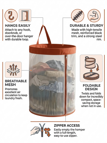 NWF Hanging Mesh Laundry Bag with Side Zipper, 100L Large Capacity Breathable Hamper, Polyester Mesh with Cotton Base & Strong Handles, Foldable Wall/Door Laundry Bag (18” Dia × 24” Height)