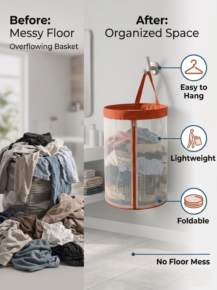 NWF Hanging Mesh Laundry Bag with Side Zipper, 100L Large Capacity Breathable Hamper, Polyester Mesh with Cotton Base & Strong Handles, Foldable Wall/Door Laundry Bag (18” Dia × 24” Height)