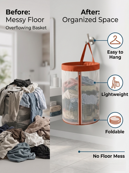 NWF Hanging Mesh Laundry Bag with Side Zipper, 100L Large Capacity Breathable Hamper, Polyester Mesh with Cotton Base & Strong Handles, Foldable Wall/Door Laundry Bag (18” Dia × 24” Height)