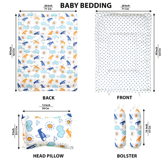 Baby Bedding Set Blue Plane Cloud | 100% Cotton Mattress Pillow Bolsters