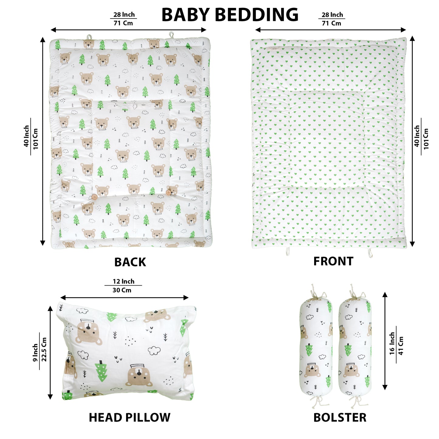 Baby Bedding Set Brown Teddy Green Tree | 100% Cotton Mattress & Bolsters