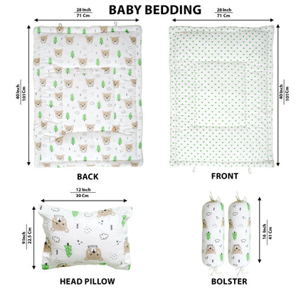 Baby Bedding Set Brown Teddy Green Tree | 100% Cotton Mattress & Bolsters