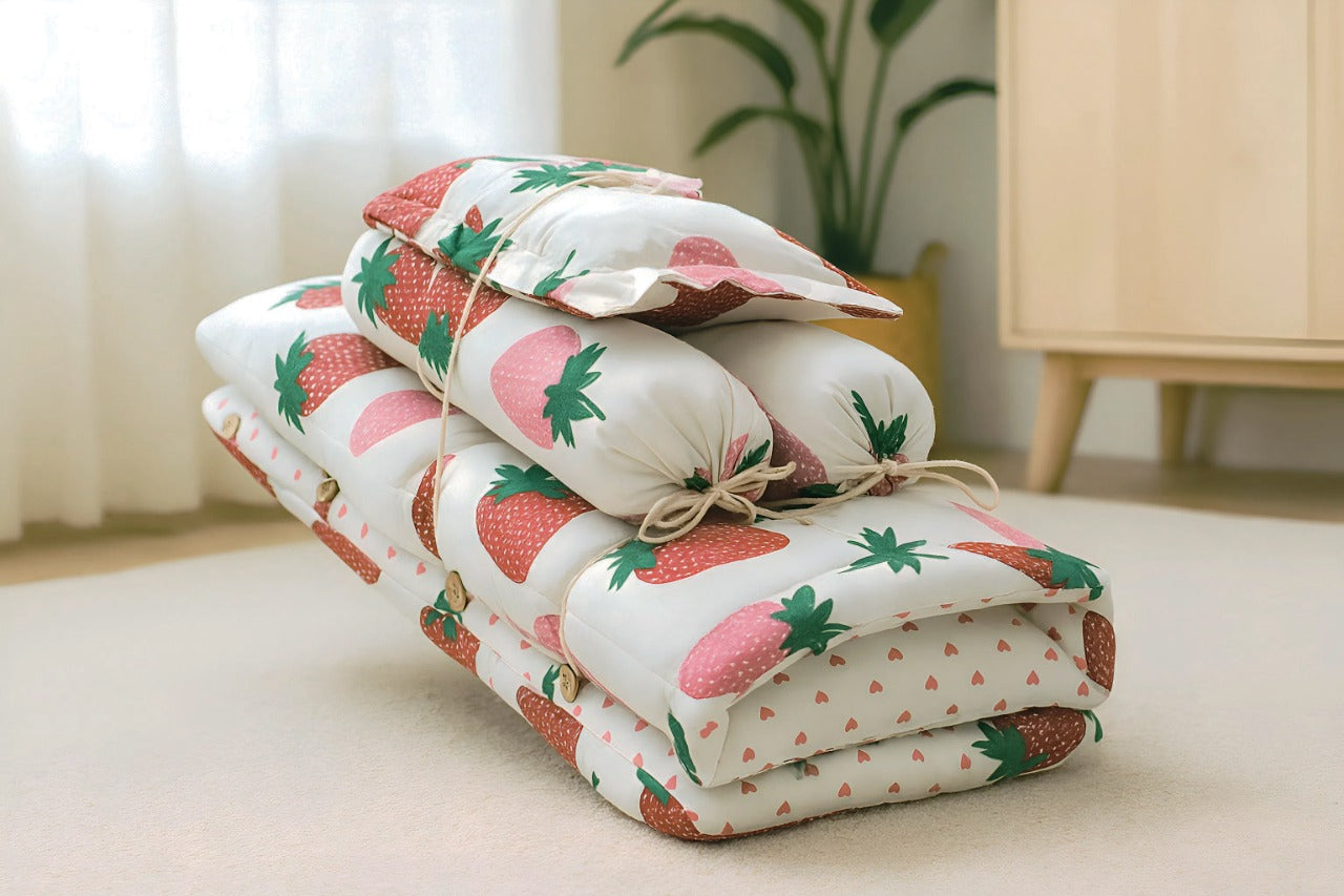 Strawberry Baby Bedding Set 4pc | Cotton Mattress, Pillow & Bolsters | NWF