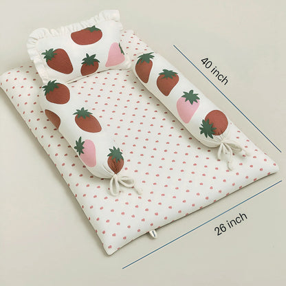 Strawberry Baby Bedding Set 4pc | Cotton Mattress, Pillow & Bolsters | NWF