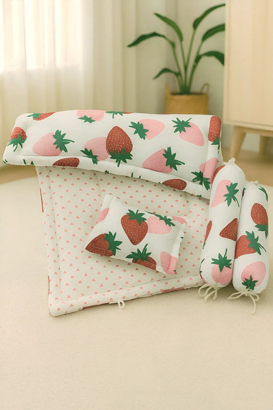 Strawberry Baby Bedding Set 4pc | Cotton Mattress, Pillow & Bolsters | NWF