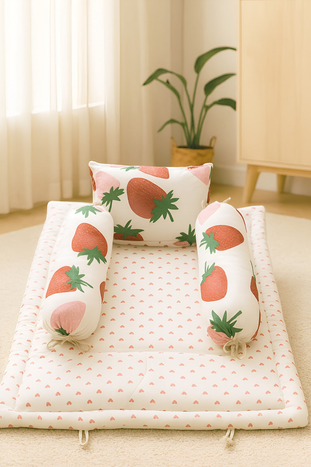 Strawberry Baby Bedding Set 4pc | Cotton Mattress, Pillow & Bolsters | NWF