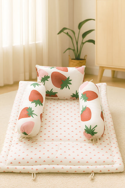 Strawberry Baby Bedding Set 4pc | Cotton Mattress, Pillow & Bolsters | NWF