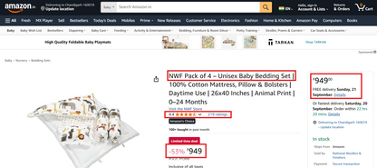 Unisex Baby Bedding Set 4pc | 100% Cotton Mattress, Pillow & Bolsters | NWF