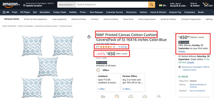 Blue Cotton Cushion Covers (Pack of 5) | 16x16" Modern Sofa Pillow Cases  | NWF