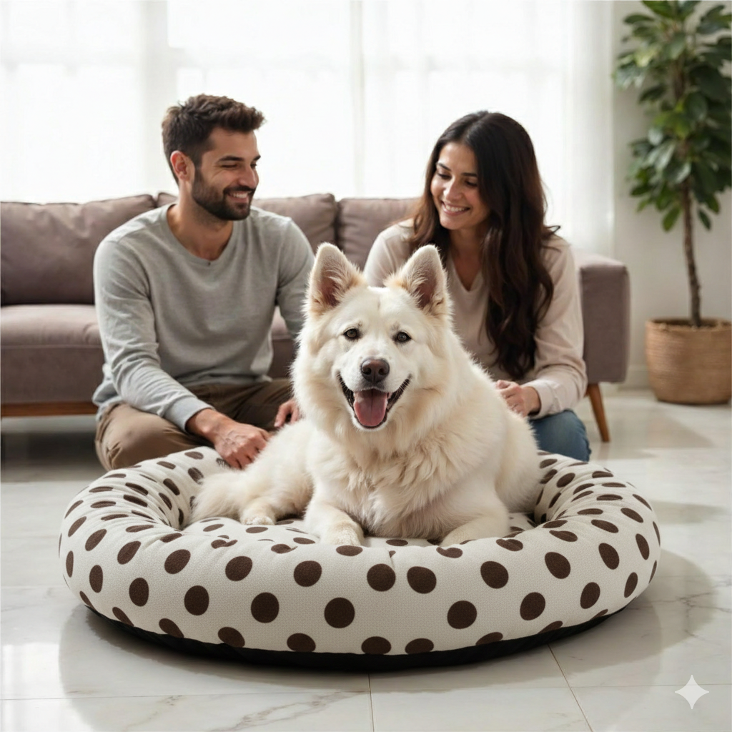 NWF Medium Size Dog Bed (70x70x15 cm) for Puppies, Cats & Dogs | Soft Round Pet Bed with Anti-Skid Bottom | Washable Dual Color Cream & Brown Cushion Pet Beds & Habitats