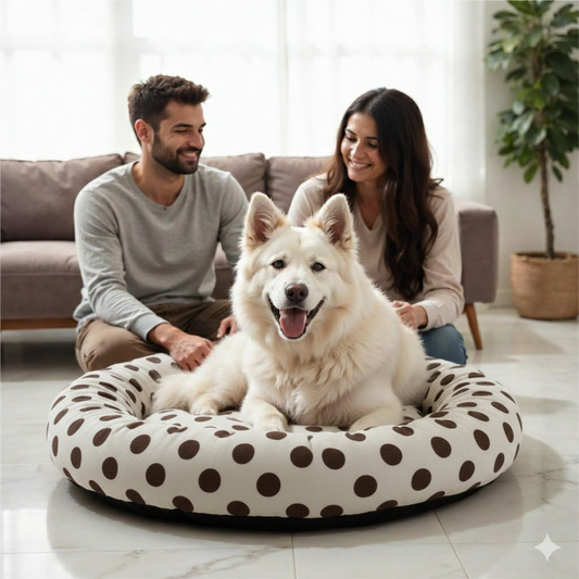 NWF Medium Size Dog Bed (70x70x15 cm) for Puppies, Cats & Dogs | Soft Round Pet Bed with Anti-Skid Bottom | Washable Dual Color Cream & Brown Cushion Pet Beds & Habitats