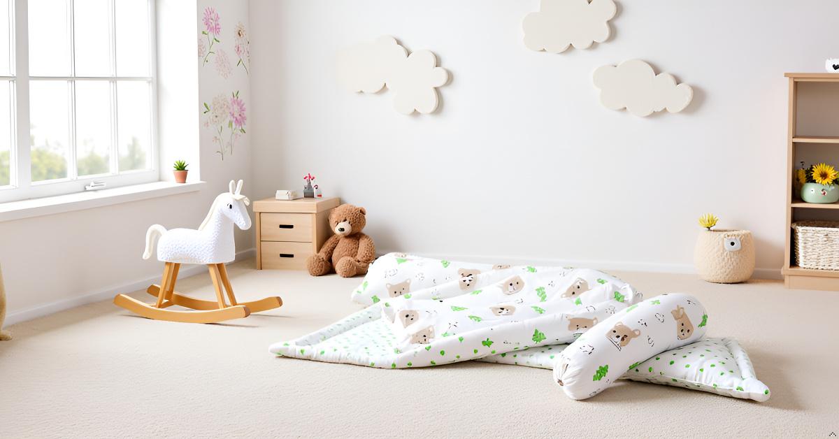 Baby Bedding Set Brown Teddy Green Tree | 100% Cotton Mattress & Bolsters