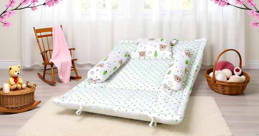 Baby Bedding Set Brown Teddy Green Tree | 100% Cotton Mattress & Bolsters