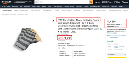 Pure Cotton Throw Blanket Grey | Soft Lightweight Sofa & Bed AC Blanket | NWF