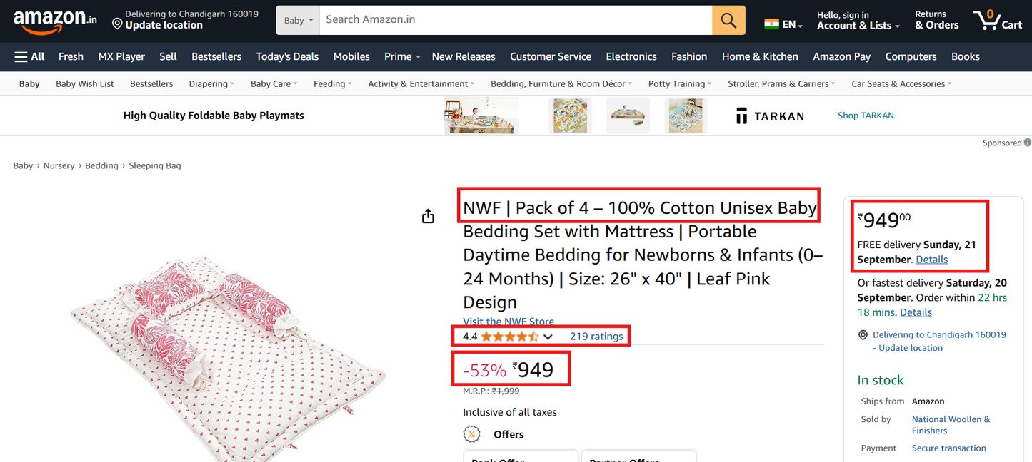Unisex Baby Bedding Set Pink Leaf | 100% Cotton Mattress, Pillow & Bolsters | NWF
